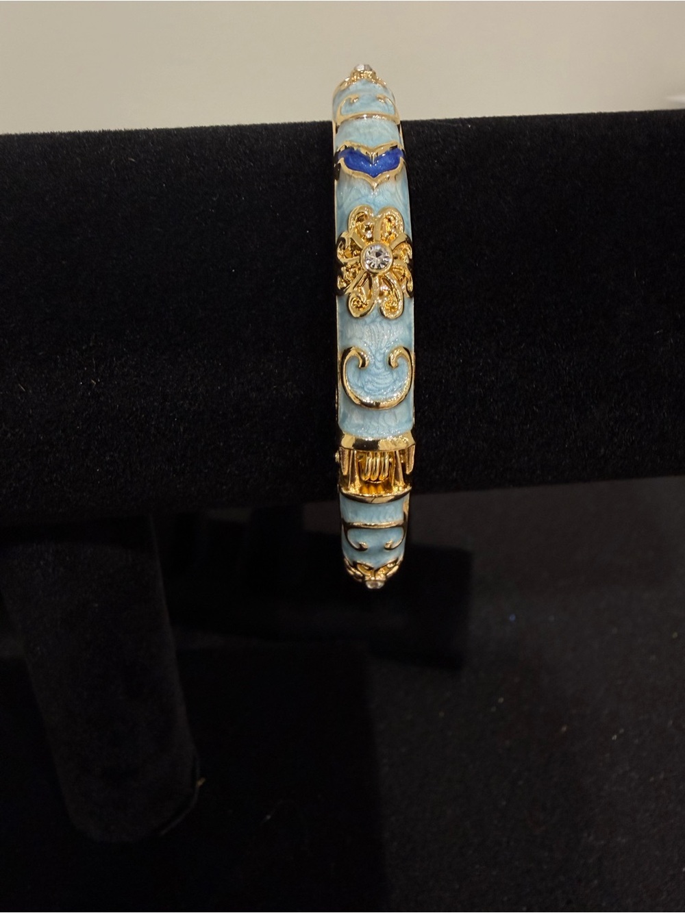 Gold and Light Blue Enamel Floral Hinged Bangle Bracelet